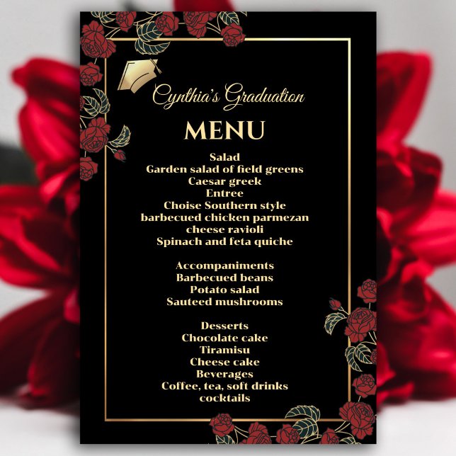 Elegantes Rot-Gold-Abschluss-Menü Einladung (Elegant Red and Gold Graduation Menu Invitation #dinnerparty #graduationmenu #zazzlemade #redfloral)