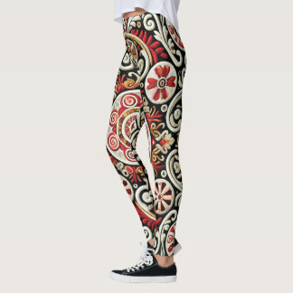 Elegantes Rot & Gold bestickt Frauen Leggings