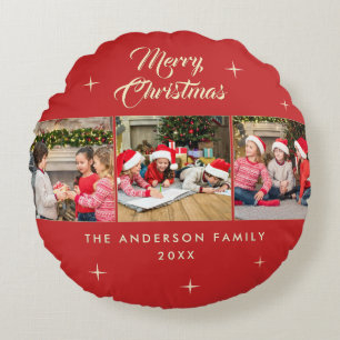 Elegantes Rot-Gold-Frohe-Weihnachten-3-Foto-Collag Rundes Kissen