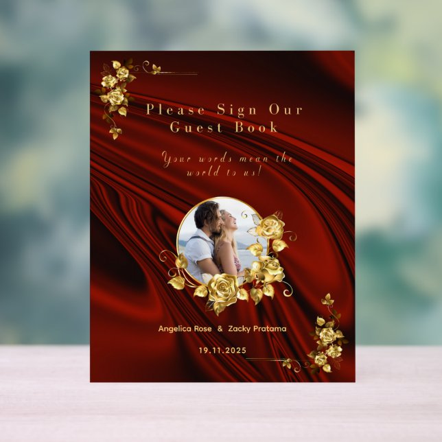 Elegantes Rot & Gold Hochzeit Personalisiert Acrylschild (Neutral)