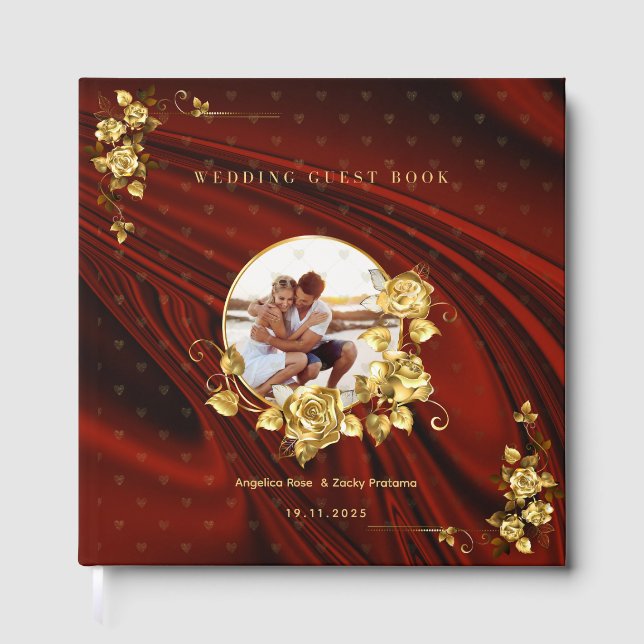 Elegantes Rot & Gold Hochzeit Personalisiert Gästebuch (Vorderseite)