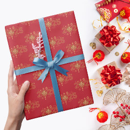 Elegantes Rot-Gold-Jahr der Schlange 2025 Geschenkpapier