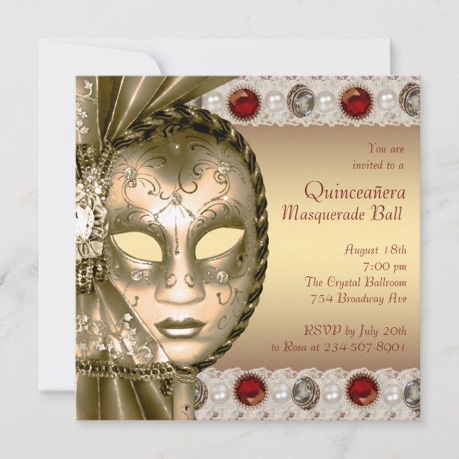 Elegantes Rot-Gold-Masquerade-Party Einladung (Vorderseite)