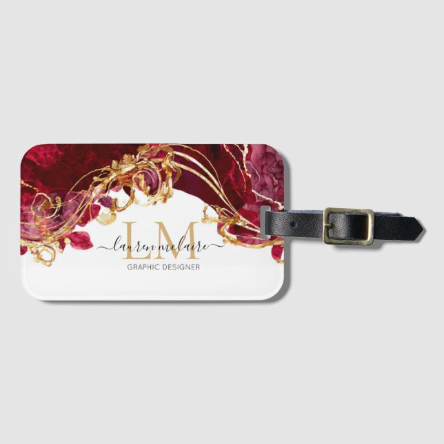 Elegantes Rot & Gold Monogramm Gepäckanhänger (Vorderseite (Horizontal))