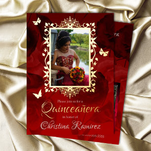 Elegantes Rot, Gold Schmetterlinge Quinceanera Folieneinladung