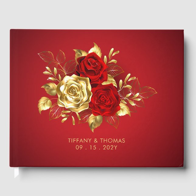 Elegantes Rot-Gold-Theme Hochzeit Gästebuch (Vorderseite)