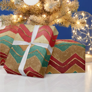 Elegantes Rot Grün Gold Chevron Muster Geschenkpapier
