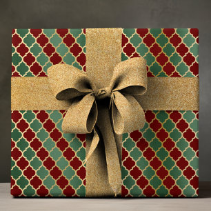 Elegantes Rot Grün Gold Geometrisches Vierblatt Geschenkpapier