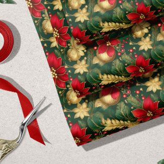 Elegantes Rot Grün Gold Verzierung Weihnachten | Geschenkpapier