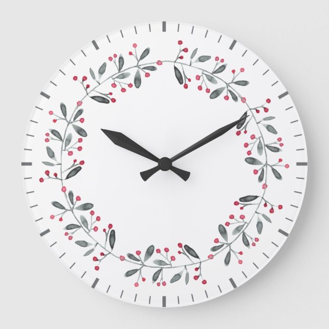Elegantes Rot & Grün Holly Wreath Weihnachten Große Wanduhr (Vorderseite)