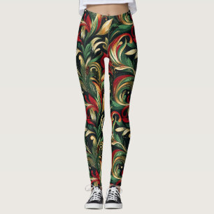 Elegantes Rot, Grün und Gold abstraktes Paisley-Bl Leggings