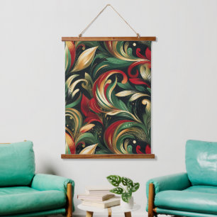 Elegantes Rot, Grün und Gold abstraktes Paisley-Bl Wandteppich Mit Holzrahmen