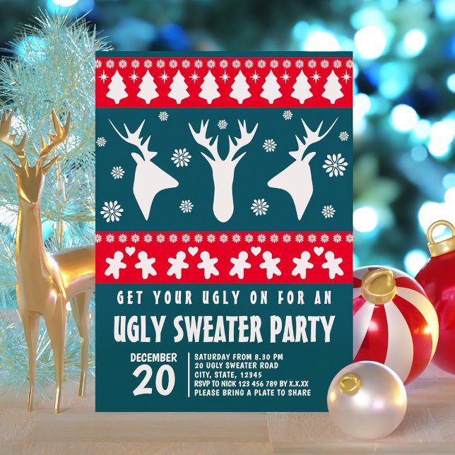 Elegantes Rot-Grünes Rentier Ugly Sweater Party Einladung (Elegant Red and Green Reindeer Ugly Sweater Party Invitation)