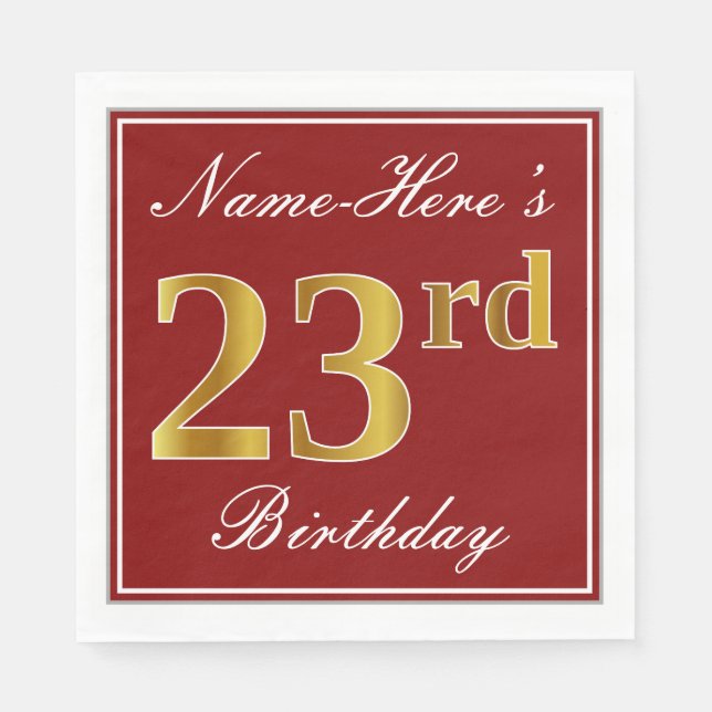Elegantes Rot, Imitate Gold 23. Geburtstag + Indiv Serviette (Vorderseite)