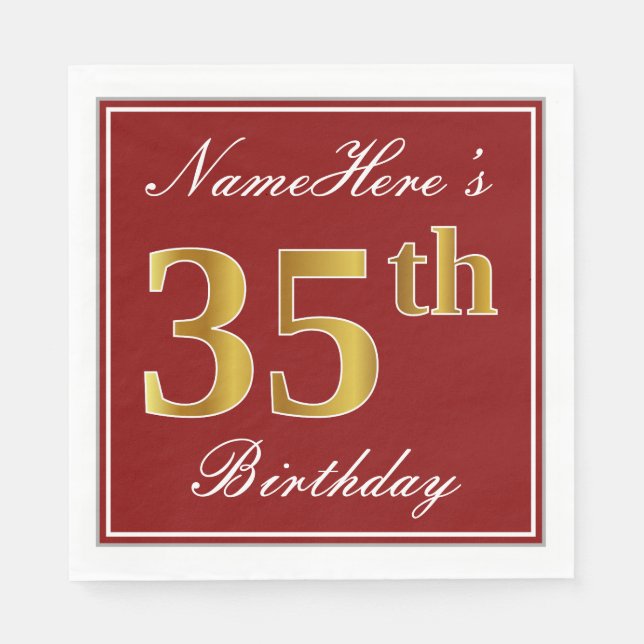 Elegantes Rot, Imitate Gold 35. Geburtstag + Indiv Serviette (Vorderseite)