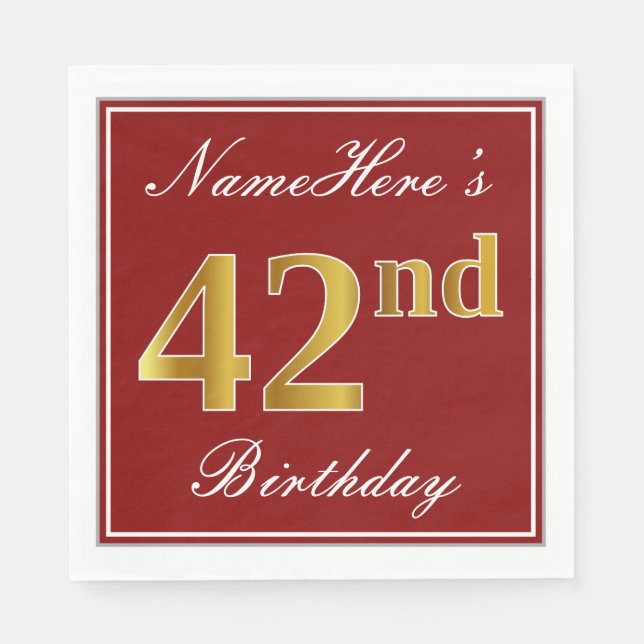 Elegantes Rot, Imitate Gold 42. Geburtstag + Indiv Serviette (Vorderseite)