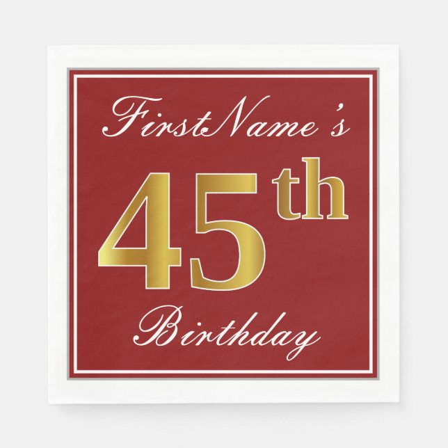Elegantes Rot, Imitate Gold 45. Geburtstag + Indiv Serviette (Vorderseite)