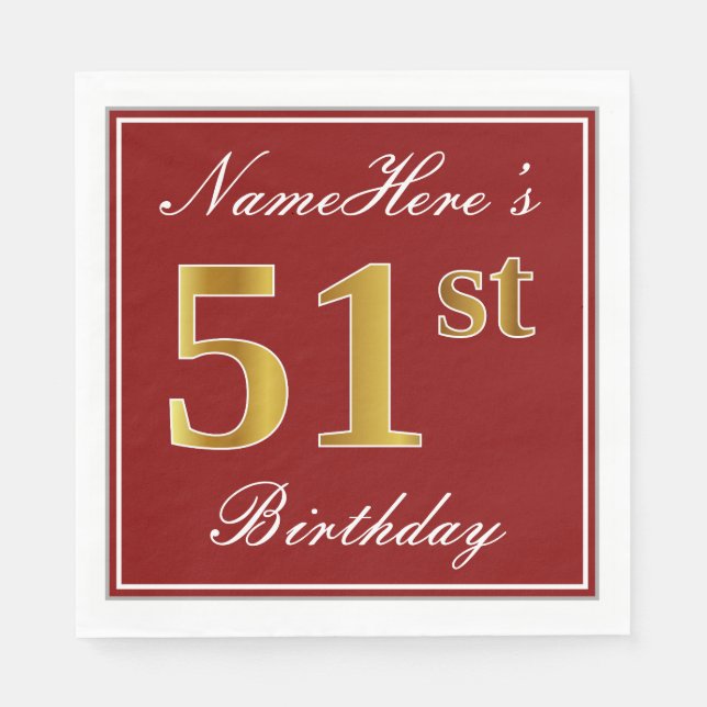 Elegantes Rot, Imitate Gold 51. Geburtstag + Indiv Serviette (Vorderseite)