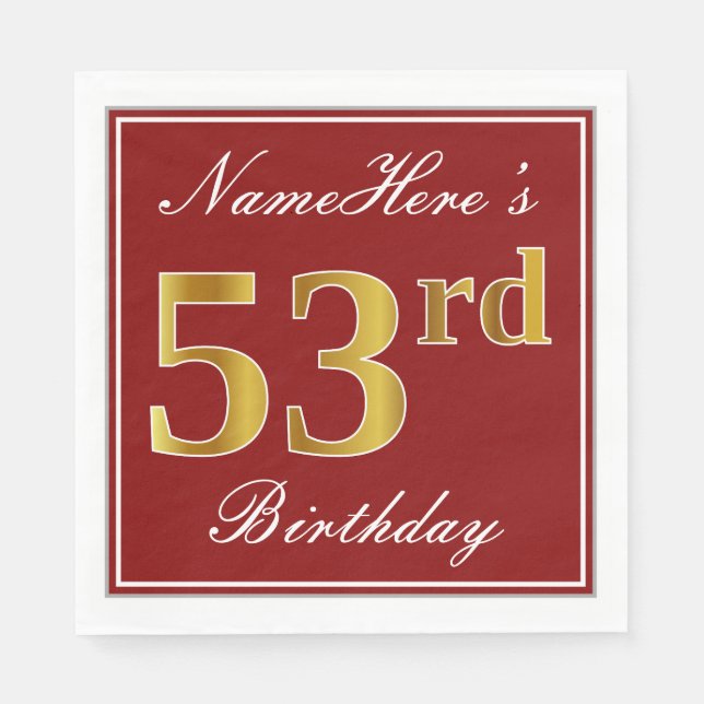 Elegantes Rot, Imitate Gold 53. Geburtstag + Indiv Serviette (Vorderseite)