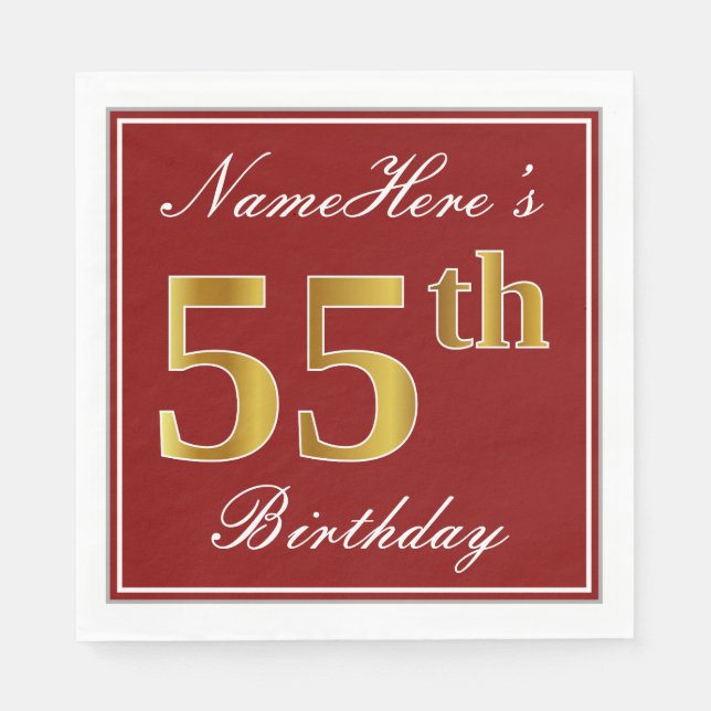 Elegantes Rot, Imitate Gold 55. Geburtstag + Indiv Serviette (Vorderseite)