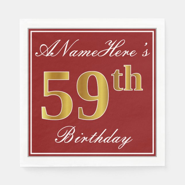 Elegantes Rot, Imitate Gold 59. Geburtstag + Indiv Serviette (Vorderseite)