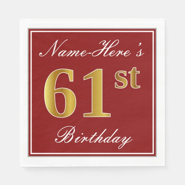 Elegantes Rot, Imitate Gold 61. Geburtstag + Indiv Serviette (Vorderseite)