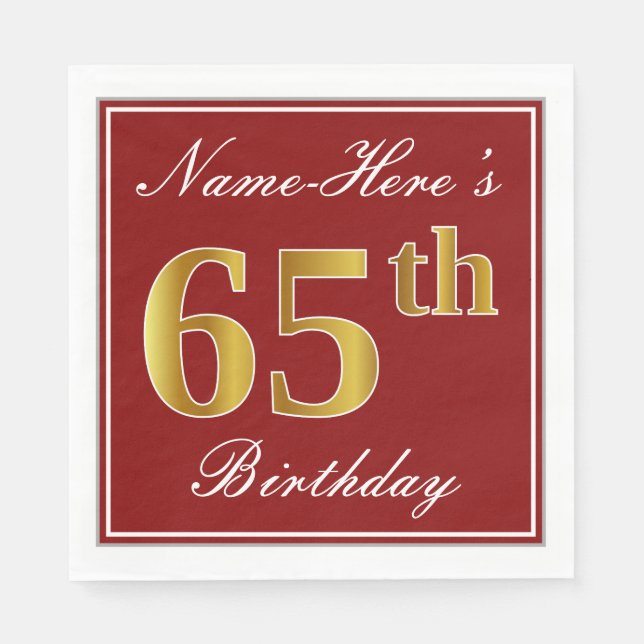Elegantes Rot, Imitate Gold 65. Geburtstag + Indiv Serviette (Vorderseite)