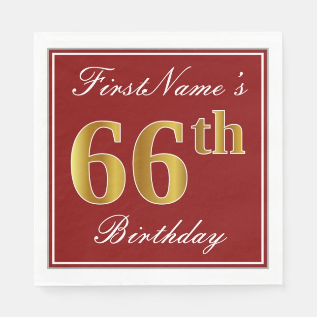 Elegantes Rot, Imitate Gold 66. Geburtstag + Indiv Serviette (Vorderseite)