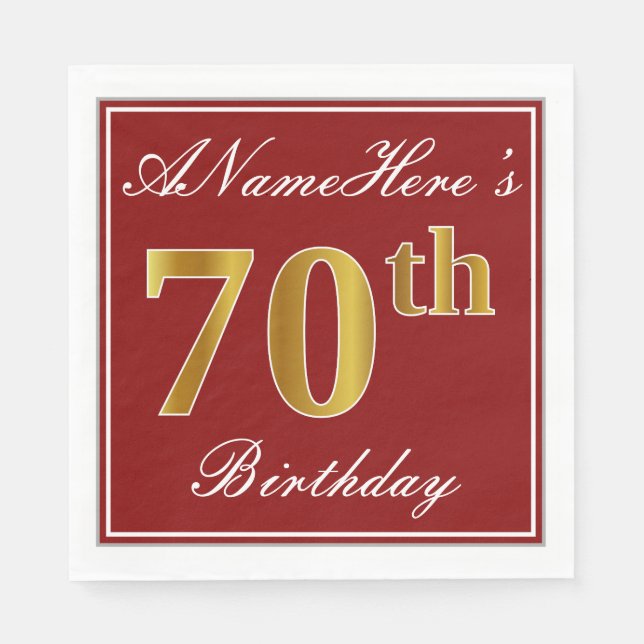 Elegantes Rot, Imitate Gold 70. Geburtstag + Indiv Serviette (Vorderseite)