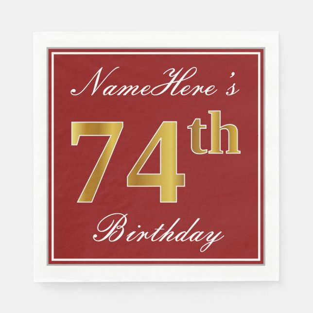 Elegantes Rot, Imitate Gold 74. Geburtstag + Indiv Serviette (Vorderseite)