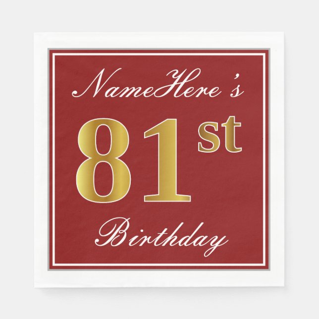 Elegantes Rot, Imitate Gold 81. Geburtstag + Indiv Serviette (Vorderseite)