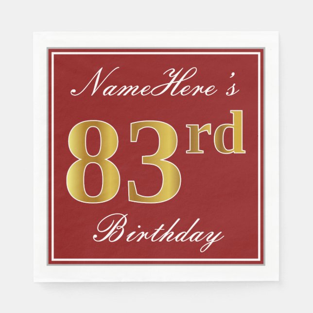 Elegantes Rot, Imitate Gold 83. Geburtstag + Indiv Serviette (Vorderseite)
