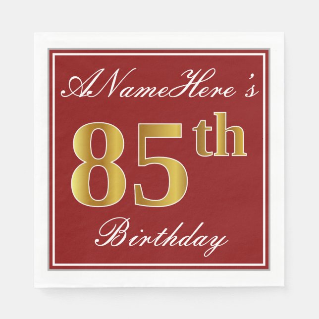 Elegantes Rot, Imitate Gold 85. Geburtstag + Indiv Serviette (Vorderseite)