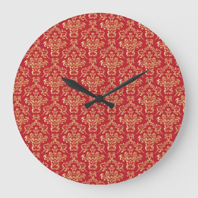 Elegantes Rot mit Gold Damask Wall Uhr (Vorderseite)