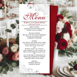 Elegantes Rot mit silbernen Wirbel auf der White W Menükarte<br><div class="desc">Dieses schöne Menü wird Ihrem Hochzeitsempfang etwas mehr Stil verleihen. Es zeichnet sich durch ein wunderschönes Design aus, mit verzierten silbergrauen Imitaten und Wirbel auf einem klassischen, weißen Hintergrund, mit einem rot gefärbten Text und einem marmorierten Rücken. Es gibt Platz für die Namen des Paares und das Hochzeitstag, und der...</div>