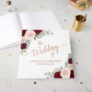 Elegantes Rot & Rosa Boho Rose Hochzeit Gästebuch