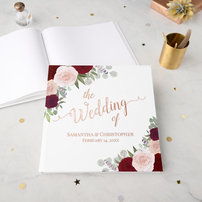 Elegantes Rot & Rosa Boho Rose Hochzeit Gästebuch (Vorderseite Offen)