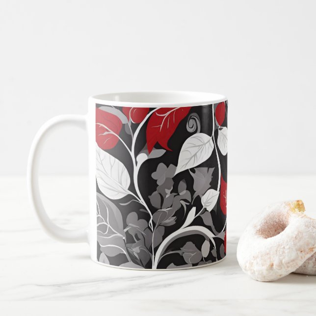 Elegantes Rot-Schwarz-Leaf-Design Kaffeetasse (Mit Donut)