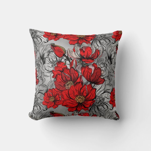 Elegantes Rot-Schwarz-Rose-Blume-Muster Silver Kissen (Vorderseite)
