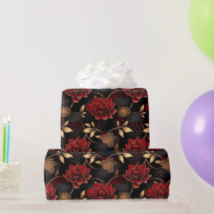Elegantes Rot-, Schwarz- und Gold-Blumenmarmor-Mus Geschenkpapier