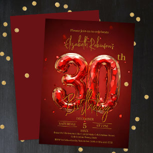 Elegantes Rot und Gold 30. Geburtstagsfeier Einladung