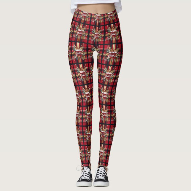Elegantes Rot und Gold Festival Kariert Leggings (Vorderseite)