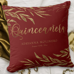 Elegantes Rot und Gold Leaf Personalisiert Quincea Kissen