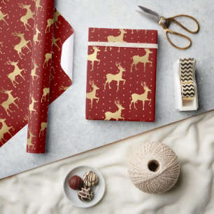 Elegantes Rot- und Goldfolien-Rentier-Christmas Geschenkpapier