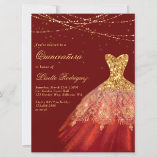 Elegantes Rot- und Goldkleid Quinceanera Einladung