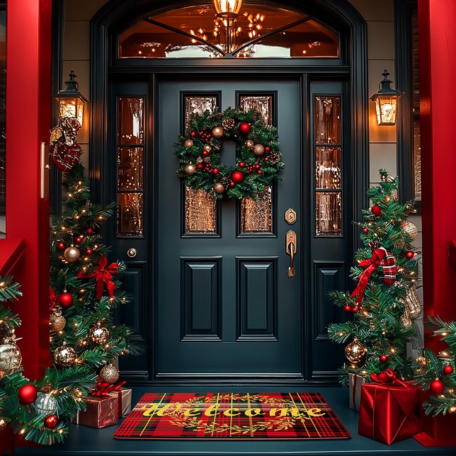 Elegantes Rot und Grüner Tartan Karierte Weihnacht Fußmatte (Festive Red Christmas Tartan Plaid Holiday Welcome Mat )