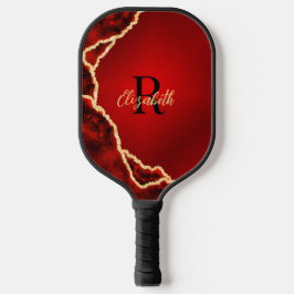 Elegantes Rot und Schwarzes Agate Mit Monogramm Pickleball Schläger