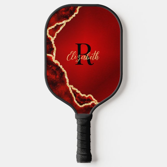 Elegantes Rot und Schwarzes Agate Mit Monogramm Pickleball Schläger (Vorderseite)