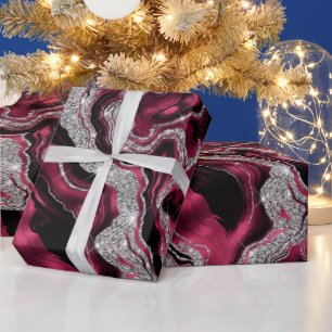 Elegantes Rot- und Silber-Glitter-Achat-Geburtstag Geschenkpapier