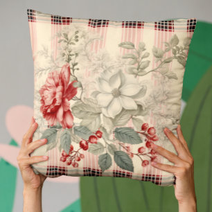 Elegantes Rot und Weiß Karierte Blüte Kissen